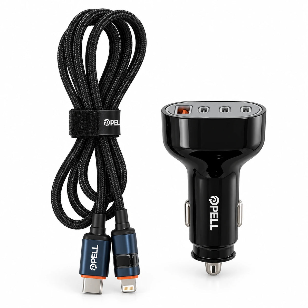 PELL 78W Dijital Göstergeli Araç İçi Şarj Seti, 4 Portlu Araç Şarj Adaptörü + PD 27W Dijital Ekranlı Lightning Örgü Kablo