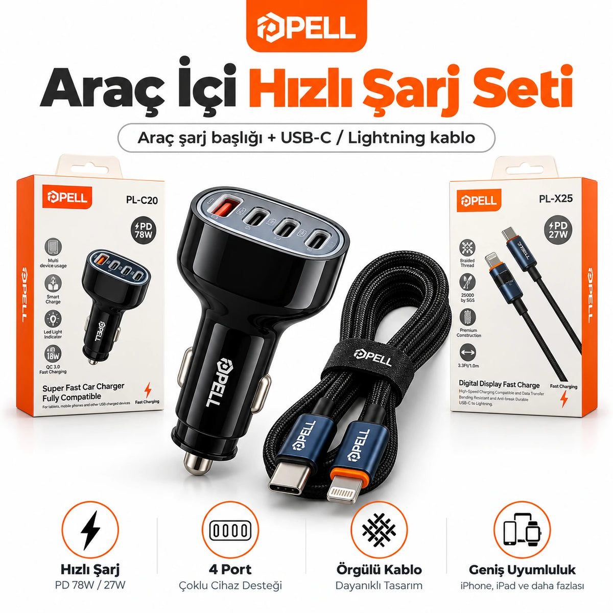 PELL 78W Dijital Göstergeli Araç İçi Şarj Seti, 4 Portlu Araç Şarj Adaptörü + PD 27W Dijital Ekranlı Lightning Örgü Kablo