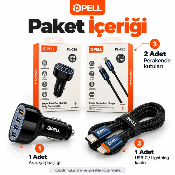 PELL 78W Dijital Göstergeli Araç İçi Şarj Seti, 4 Portlu Araç Şarj Adaptörü + PD 27W Dijital Ekranlı Lightning Örgü Kablo
