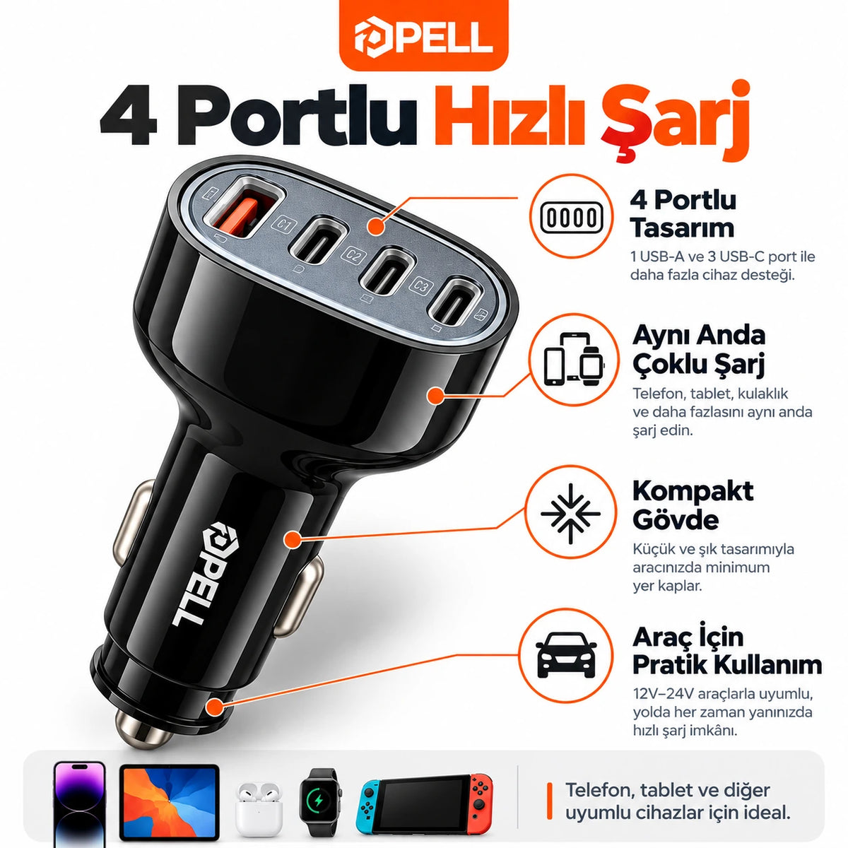 PELL 78W Dijital Göstergeli Araç İçi Şarj Seti, 4 Portlu Araç Şarj Adaptörü + PD 27W Dijital Ekranlı Lightning Örgü Kablo