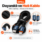 PELL 78W Dijital Göstergeli Araç İçi Şarj Seti, 4 Portlu Araç Şarj Adaptörü + PD 27W Dijital Ekranlı Lightning Örgü Kablo