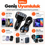 PELL 78W Dijital Göstergeli Araç İçi Şarj Seti, 4 Portlu Araç Şarj Adaptörü + PD 27W Dijital Ekranlı Lightning Örgü Kablo