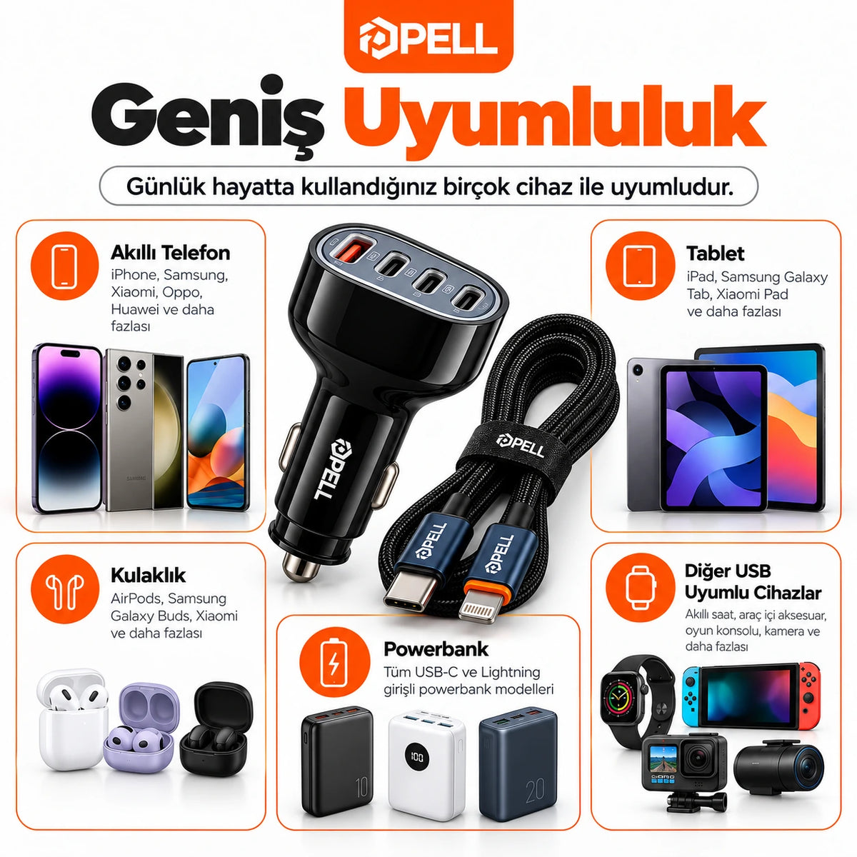 PELL 78W Dijital Göstergeli Araç İçi Şarj Seti, 4 Portlu Araç Şarj Adaptörü + PD 27W Dijital Ekranlı Lightning Örgü Kablo