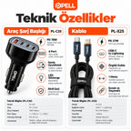 PELL 78W Dijital Göstergeli Araç İçi Şarj Seti, 4 Portlu Araç Şarj Adaptörü + PD 27W Dijital Ekranlı Lightning Örgü Kablo