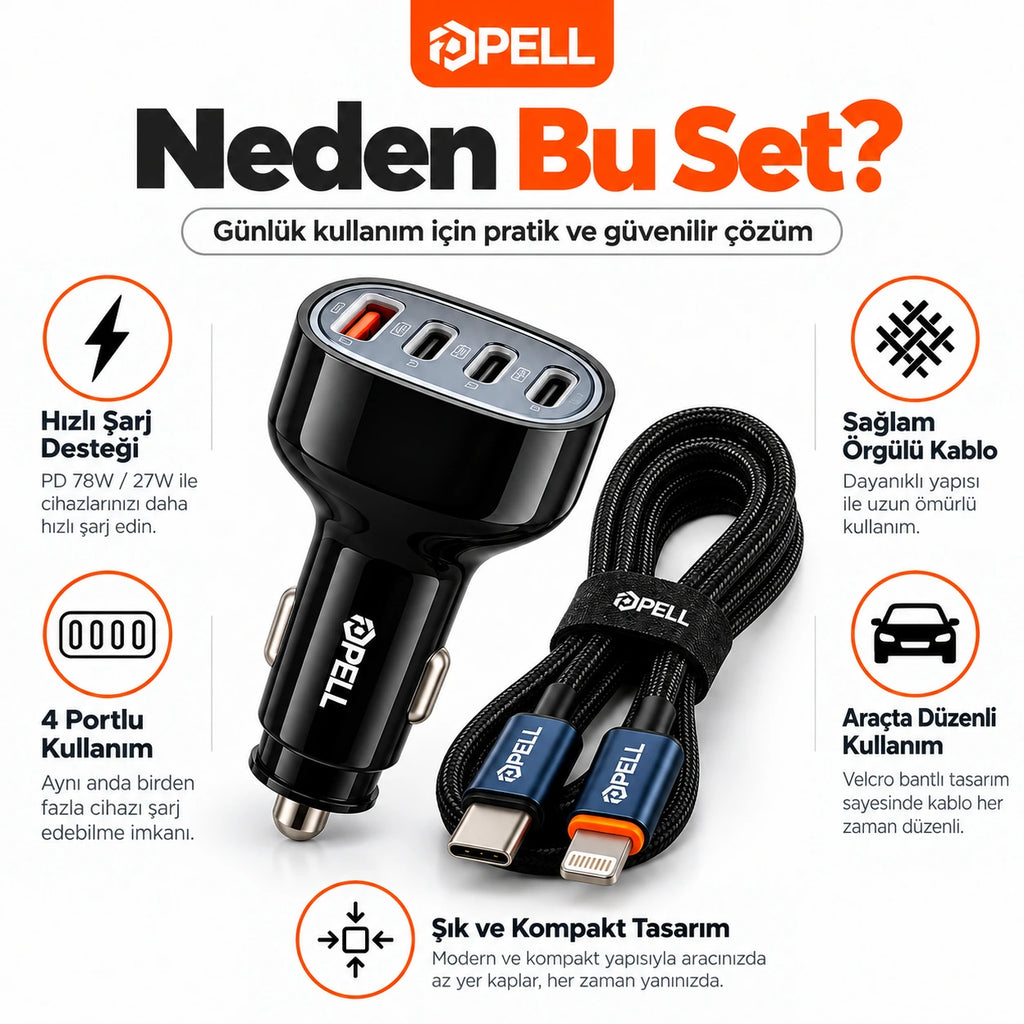 PELL 78W Dijital Göstergeli Araç İçi Şarj Seti, 4 Portlu Araç Şarj Adaptörü + PD 27W Dijital Ekranlı Lightning Örgü Kablo