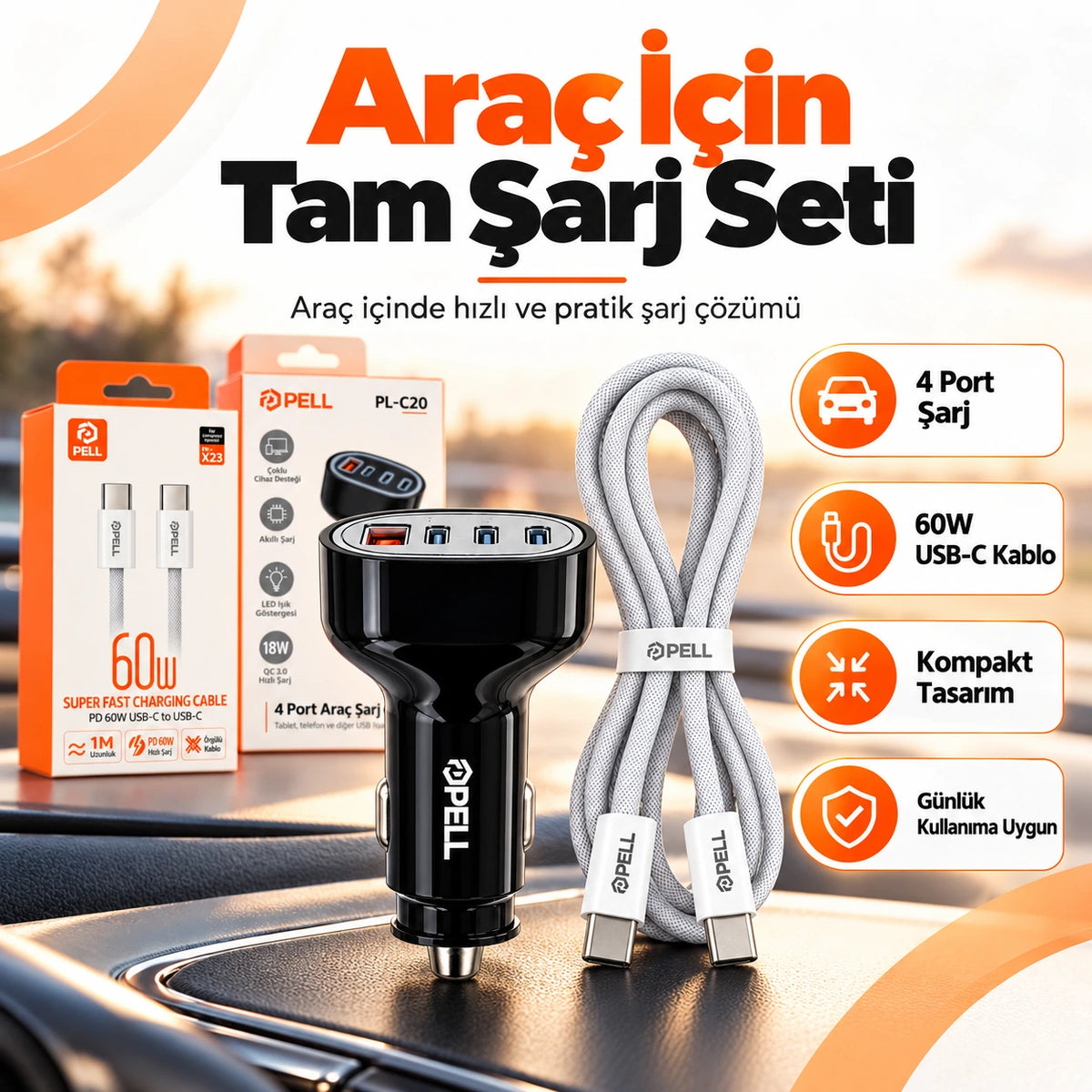 PELL 78W Type-C Örgü Kablolu Araç Şarj Seti, 4 Portlu Araç Şarj Adaptörü + PD 60W Type-C to Type-C Kablo