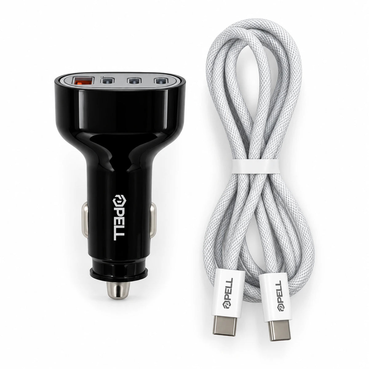 PELL 78W Type-C Örgü Kablolu Araç Şarj Seti, 4 Portlu Araç Şarj Adaptörü + PD 60W Type-C to Type-C Kablo