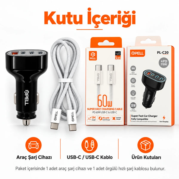 PELL PL-C20 78W 4 Portlu PD QC 3.0 Hızlı Araç Şarj Cihazı, Çoklu Girişli Çakmaklık Şarj Adaptörü