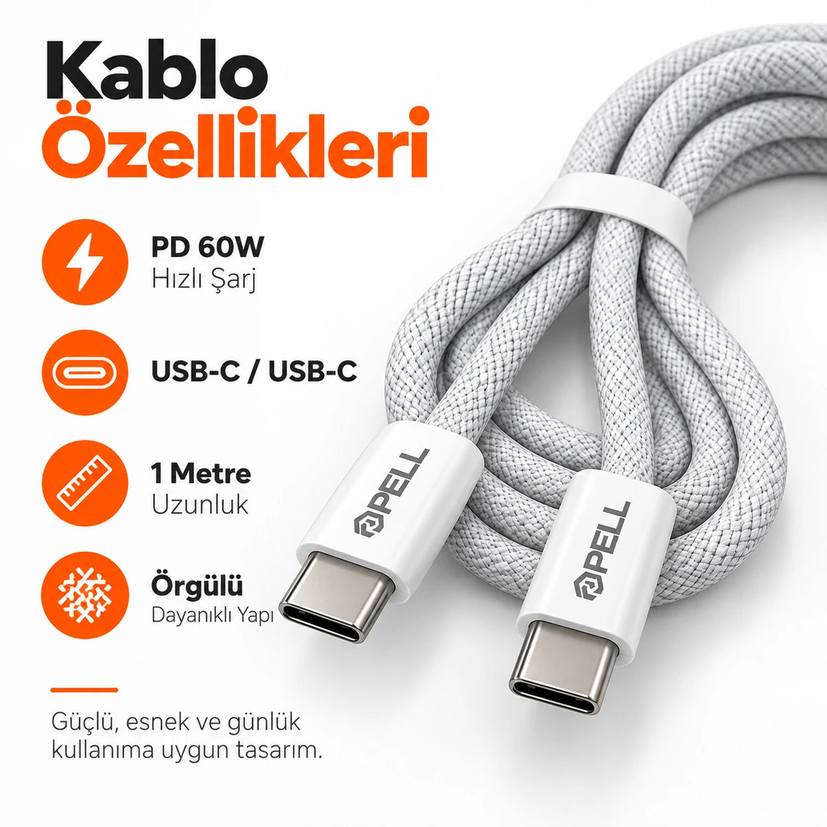 PELL 78W Type-C Örgü Kablolu Araç Şarj Seti, 4 Portlu Araç Şarj Adaptörü + PD 60W Type-C to Type-C Kablo