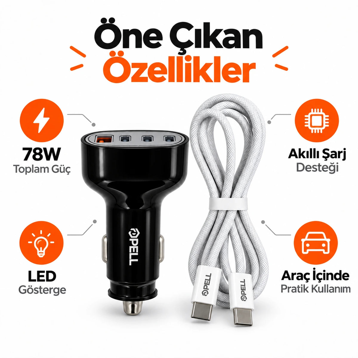 PELL 78W Type-C Örgü Kablolu Araç Şarj Seti, 4 Portlu Araç Şarj Adaptörü + PD 60W Type-C to Type-C Kablo