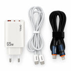 PELL E14 65W Çoklu Çıkışlı Hızlı Şarj Aleti Seti 60W PD Type-C ve 27W PD Lightning Çift Kablolu, PD 3 Portlu Ultra Hızlı Turbo Şarj Cihazı Type-C ve Type-A USB Seyahat Şarj Adaptörü