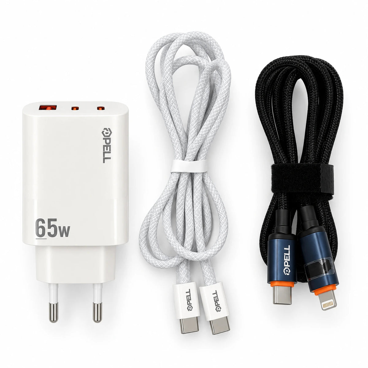 PELL E14 65W Çoklu Çıkışlı Hızlı Şarj Aleti Seti 60W PD Type-C ve 27W PD Lightning Çift Kablolu, PD 3 Portlu Ultra Hızlı Turbo Şarj Cihazı Type-C ve Type-A USB Seyahat Şarj Adaptörü