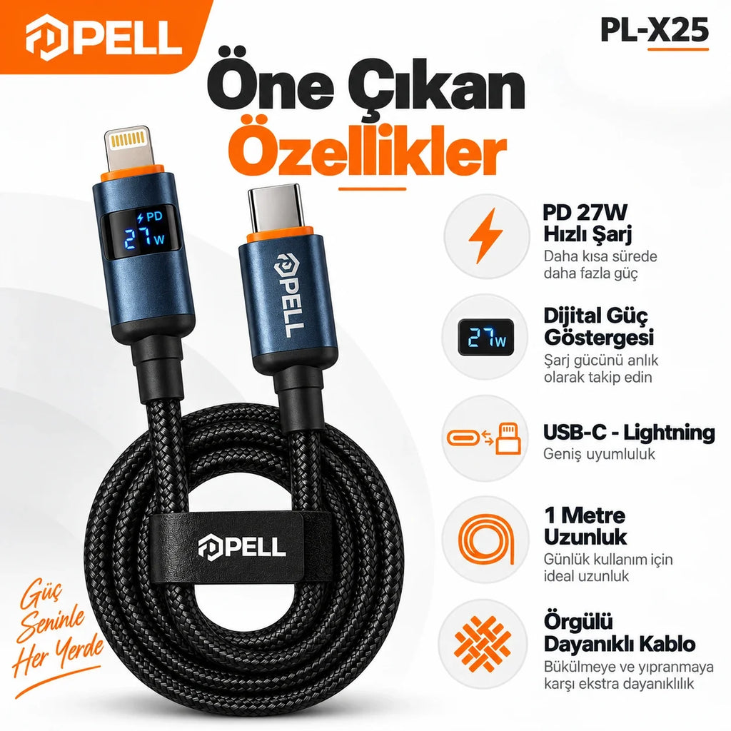 PELL E14 65W Çoklu Çıkışlı Hızlı Şarj Aleti Seti 60W PD Type-C ve 27W PD Lightning Çift Kablolu, PD 3 Portlu Ultra Hızlı Turbo Şarj Cihazı Type-C ve Type-A USB Seyahat Şarj Adaptörü