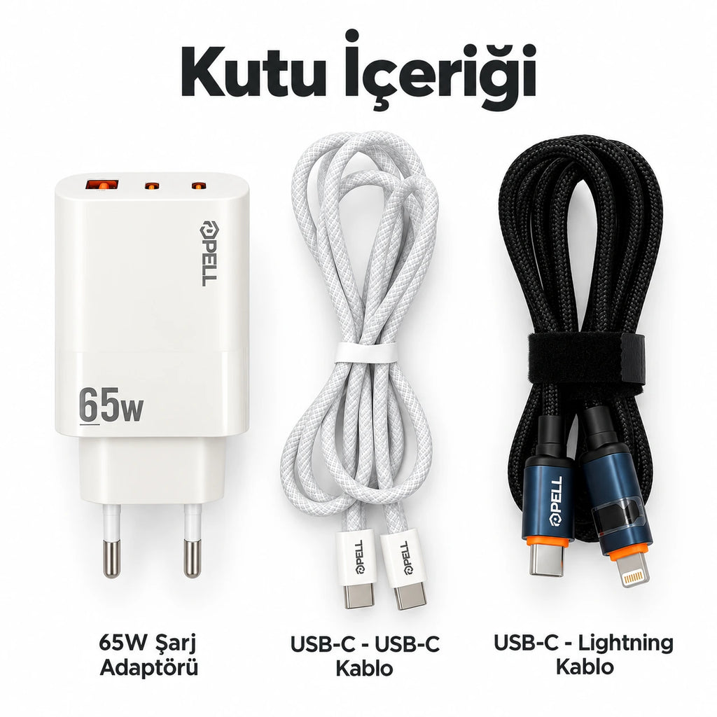 PELL E14 65W Çoklu Çıkışlı Hızlı Şarj Aleti Seti 60W PD Type-C ve 27W PD Lightning Çift Kablolu, PD 3 Portlu Ultra Hızlı Turbo Şarj Cihazı Type-C ve Type-A USB Seyahat Şarj Adaptörü