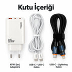 PELL E14 65W Çoklu Çıkışlı Hızlı Şarj Aleti Seti 60W PD Type-C ve 27W PD Lightning Çift Kablolu, PD 3 Portlu Ultra Hızlı Turbo Şarj Cihazı Type-C ve Type-A USB Seyahat Şarj Adaptörü