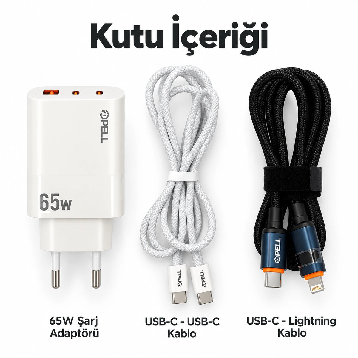 PELL E14 65W Çoklu Çıkışlı Hızlı Şarj Aleti Seti 60W PD Type-C ve 27W PD Lightning Çift Kablolu, PD 3 Portlu Ultra Hızlı Turbo Şarj Cihazı Type-C ve Type-A USB Seyahat Şarj Adaptörü