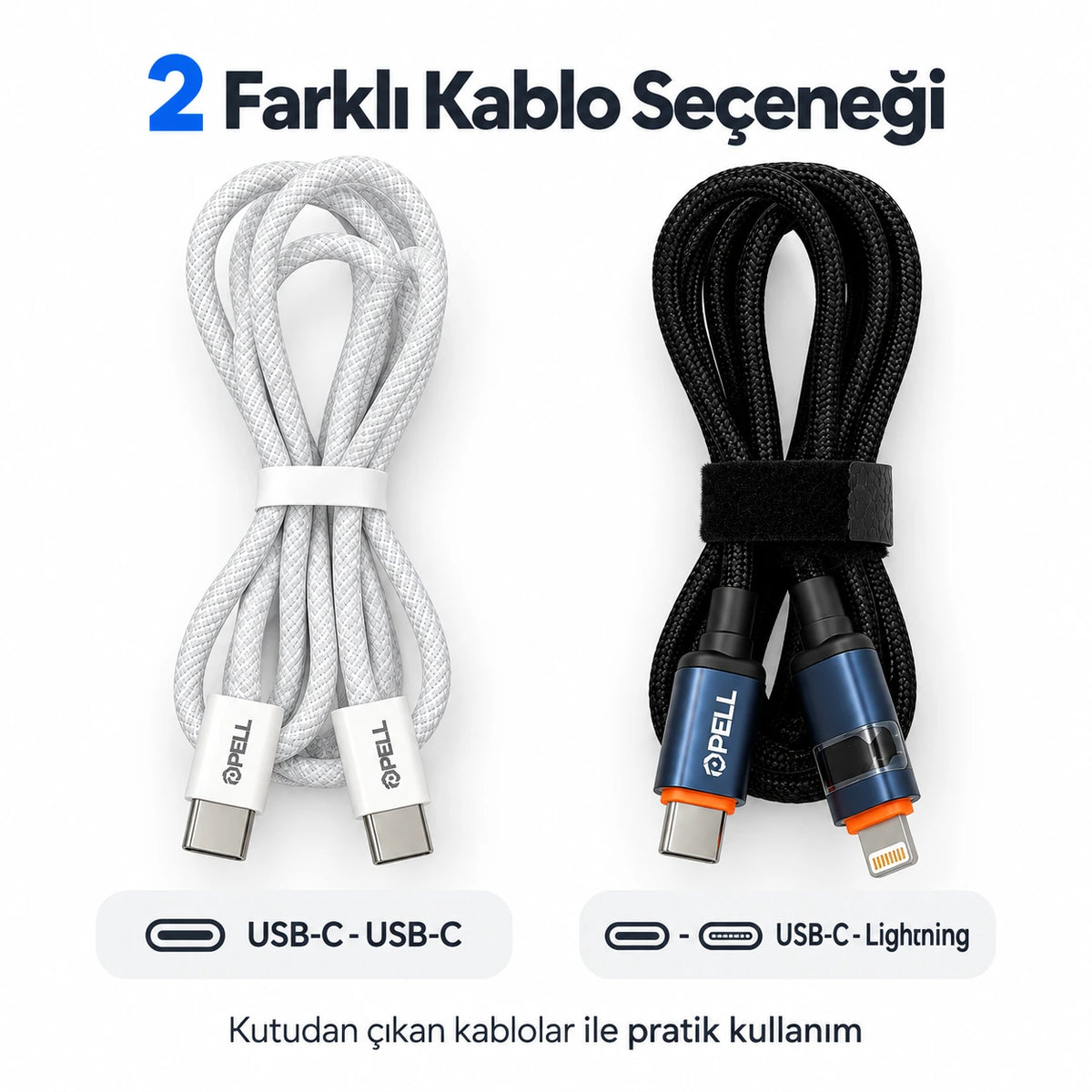 PELL E14 65W Çoklu Çıkışlı Hızlı Şarj Aleti Seti 60W PD Type-C ve 27W PD Lightning Çift Kablolu, PD 3 Portlu Ultra Hızlı Turbo Şarj Cihazı Type-C ve Type-A USB Seyahat Şarj Adaptörü