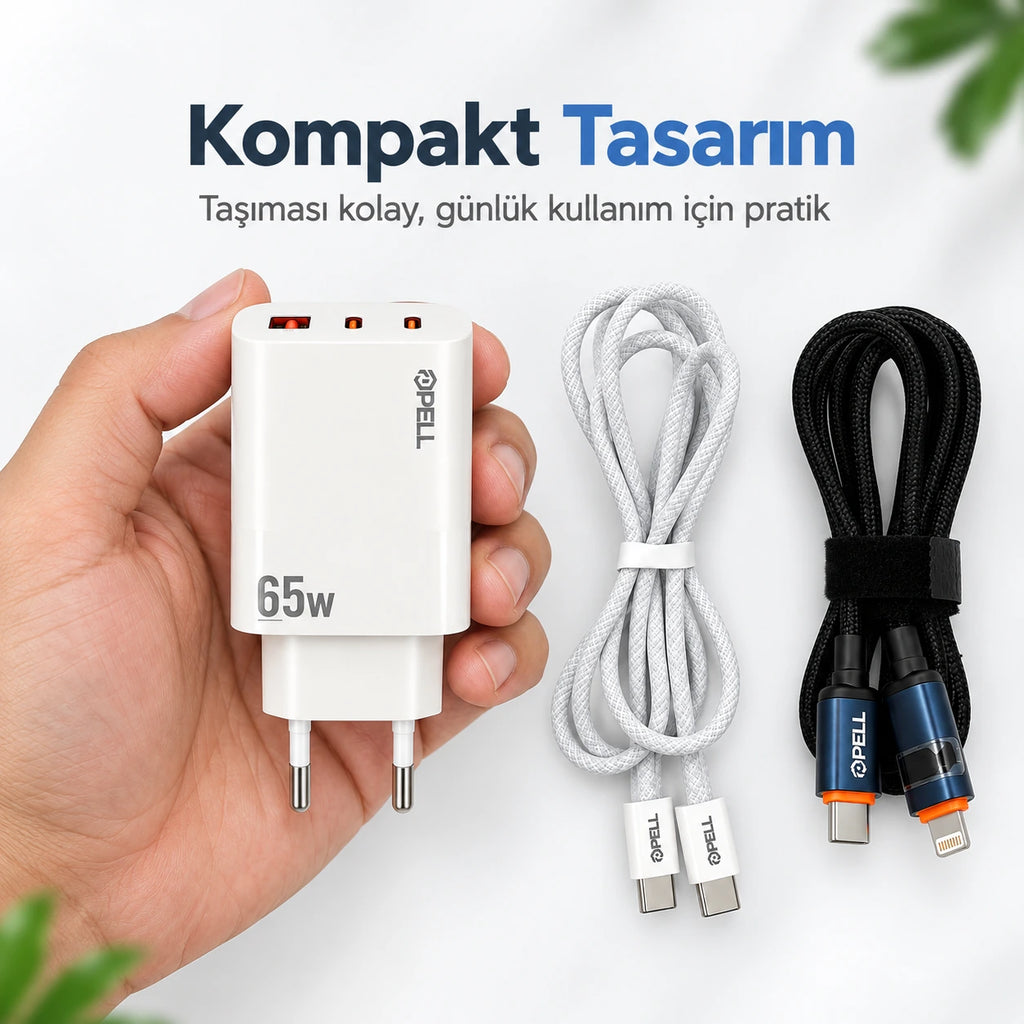 PELL E14 65W Çoklu Çıkışlı Hızlı Şarj Aleti Seti 60W PD Type-C ve 27W PD Lightning Çift Kablolu, PD 3 Portlu Ultra Hızlı Turbo Şarj Cihazı Type-C ve Type-A USB Seyahat Şarj Adaptörü