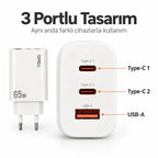PELL E14 65W Çoklu Çıkışlı Hızlı Şarj Aleti Seti 60W PD Type-C ve 27W PD Lightning Çift Kablolu, PD 3 Portlu Ultra Hızlı Turbo Şarj Cihazı Type-C ve Type-A USB Seyahat Şarj Adaptörü