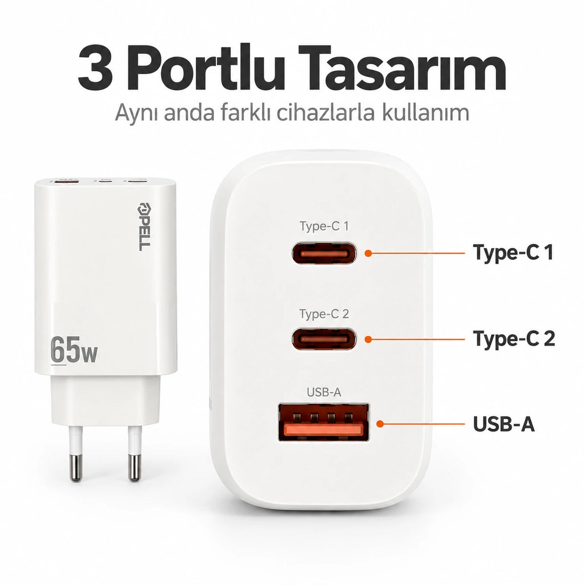 PELL E14 65W Çoklu Çıkışlı Hızlı Şarj Aleti Seti 60W PD Type-C ve 27W PD Lightning Çift Kablolu, PD 3 Portlu Ultra Hızlı Turbo Şarj Cihazı Type-C ve Type-A USB Seyahat Şarj Adaptörü