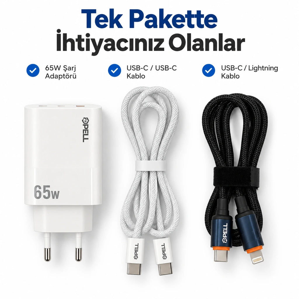 PELL E14 65W Çoklu Çıkışlı Hızlı Şarj Aleti Seti 60W PD Type-C ve 27W PD Lightning Çift Kablolu, PD 3 Portlu Ultra Hızlı Turbo Şarj Cihazı Type-C ve Type-A USB Seyahat Şarj Adaptörü