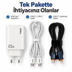 PELL E14 65W Çoklu Çıkışlı Hızlı Şarj Aleti Seti 60W PD Type-C ve 27W PD Lightning Çift Kablolu, PD 3 Portlu Ultra Hızlı Turbo Şarj Cihazı Type-C ve Type-A USB Seyahat Şarj Adaptörü