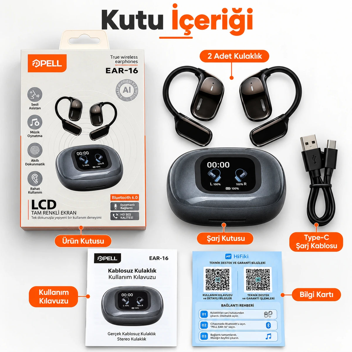 PELL EAR-16 150 Dil Gerçek Zamanlı Yapay Zeka Çeviri Kulaklığı, LCD Dokunmatik Ekranlı Bluetooth 5.4 ANC Kulaklık