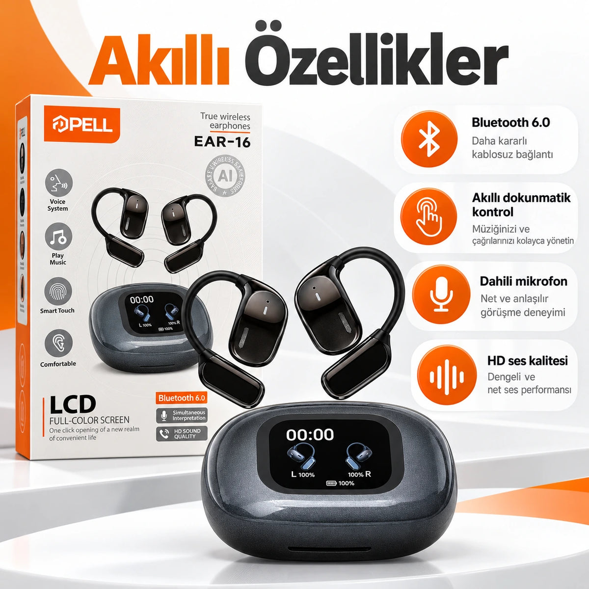 PELL EAR-16 150 Dil Gerçek Zamanlı Yapay Zeka Çeviri Kulaklığı, LCD Dokunmatik Ekranlı Bluetooth 5.4 ANC Kulaklık
