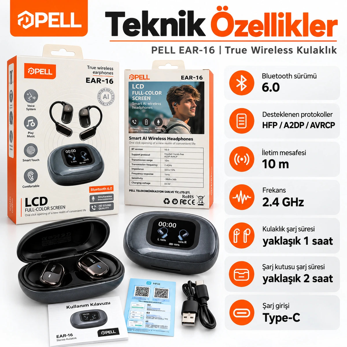 PELL EAR-16 150 Dil Gerçek Zamanlı Yapay Zeka Çeviri Kulaklığı, LCD Dokunmatik Ekranlı Bluetooth 5.4 ANC Kulaklık