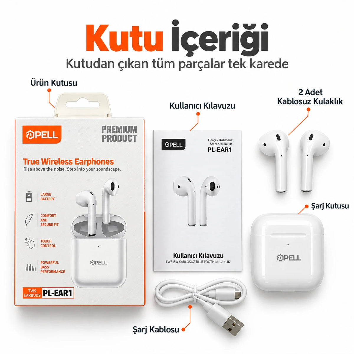 PELL EAR-1 Pro 2 Premium Bluetooth Kulaklık, iPhone ve Android Uyumlu Kablosuz Kulak İçi Kulaklık