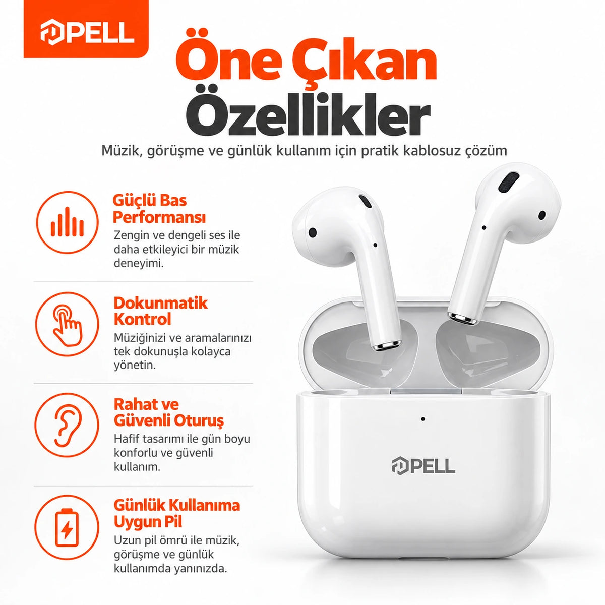PELL EAR-1 Pro 2 Premium Bluetooth Kulaklık, iPhone ve Android Uyumlu Kablosuz Kulak İçi Kulaklık