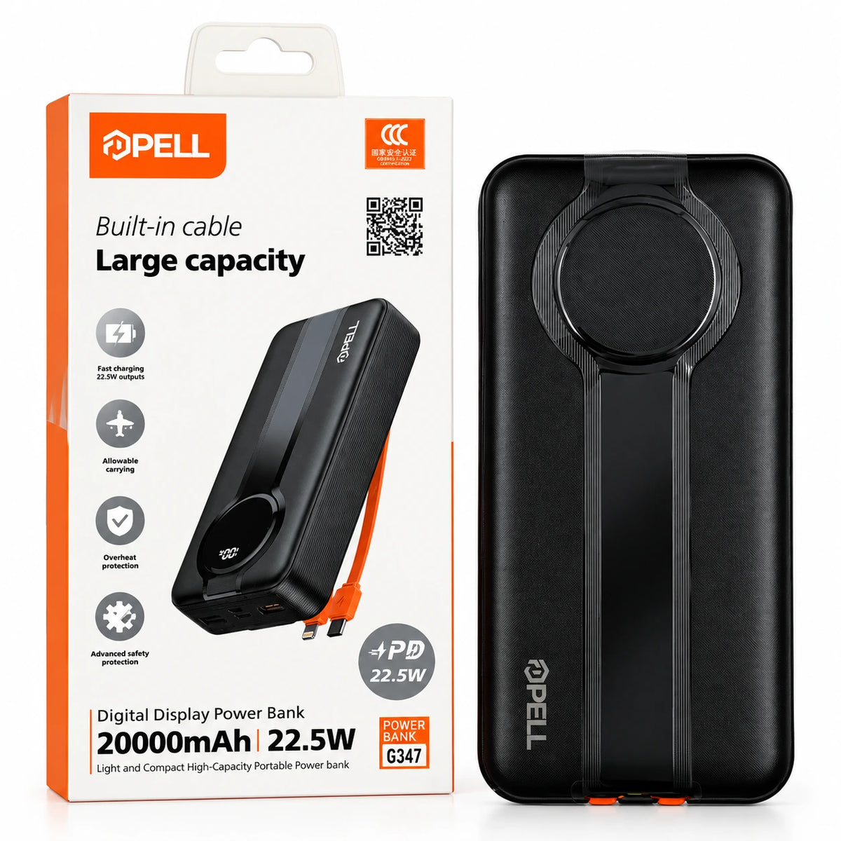 PELL G347 20000 mAh Kendinden Kablolu 22.5W PD Dijital Göstergeli Powerbank, Hızlı Taşınabilir Şarj Cihazı