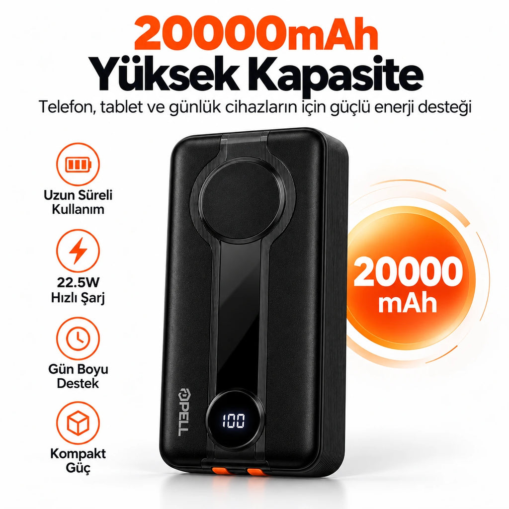 PELL G347 20000 mAh Kendinden Kablolu 22.5W PD Dijital Göstergeli Powerbank, Hızlı Taşınabilir Şarj Cihazı