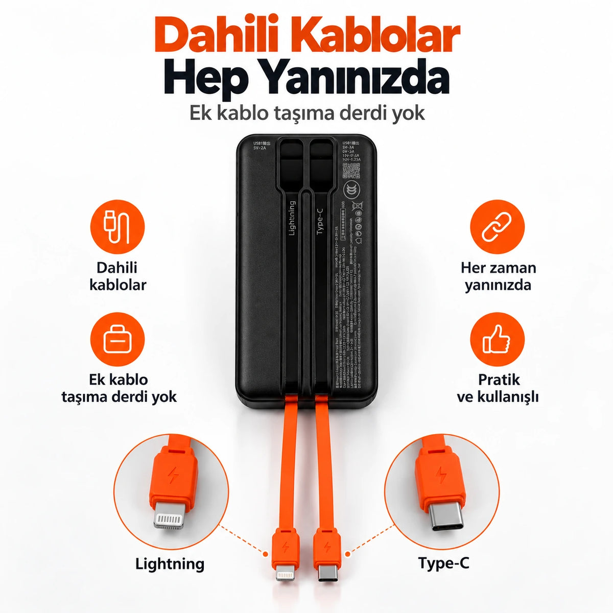 PELL G347 20000 mAh Kendinden Kablolu 22.5W PD Dijital Göstergeli Powerbank, Hızlı Taşınabilir Şarj Cihazı
