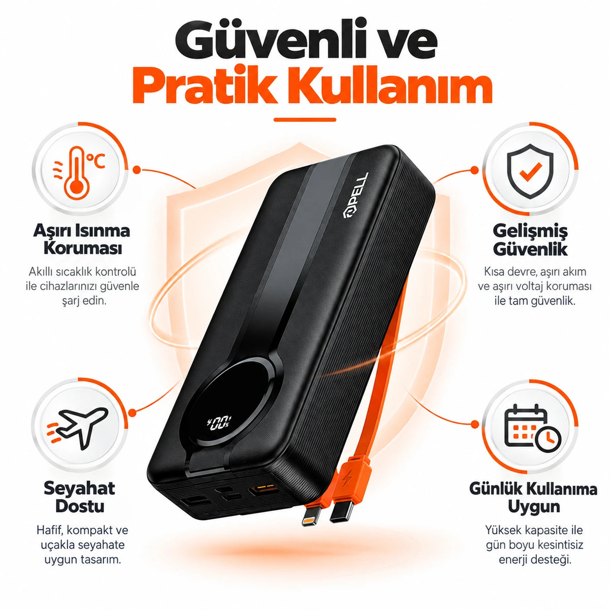 PELL G347 20000 mAh Kendinden Kablolu 22.5W PD Dijital Göstergeli Powerbank, Hızlı Taşınabilir Şarj Cihazı