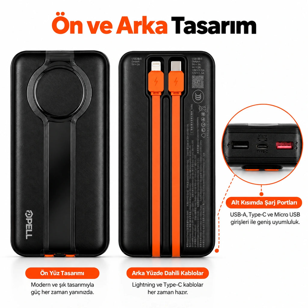 PELL G347 20000 mAh Kendinden Kablolu 22.5W PD Dijital Göstergeli Powerbank, Hızlı Taşınabilir Şarj Cihazı