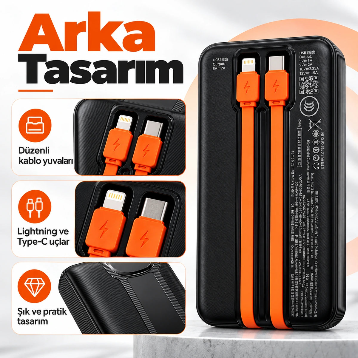 PELL G347 20000 mAh Kendinden Kablolu 22.5W PD Dijital Göstergeli Powerbank, Hızlı Taşınabilir Şarj Cihazı