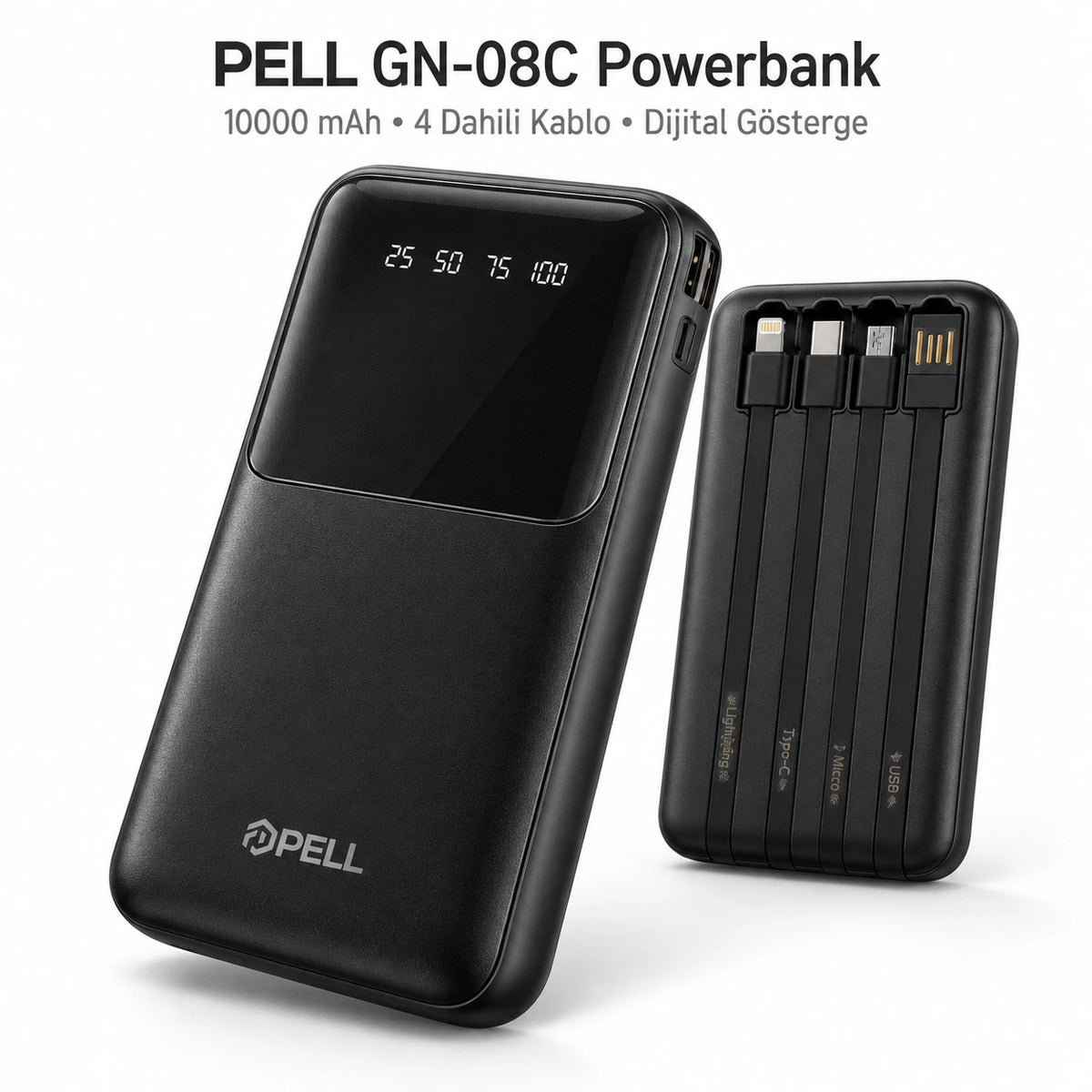 PELL GN-08C 10000 mAh Kendinden 4 Kablolu Dijital Göstergeli Powerbank, 2A Hızlı Taşınabilir Şarj Cihazı