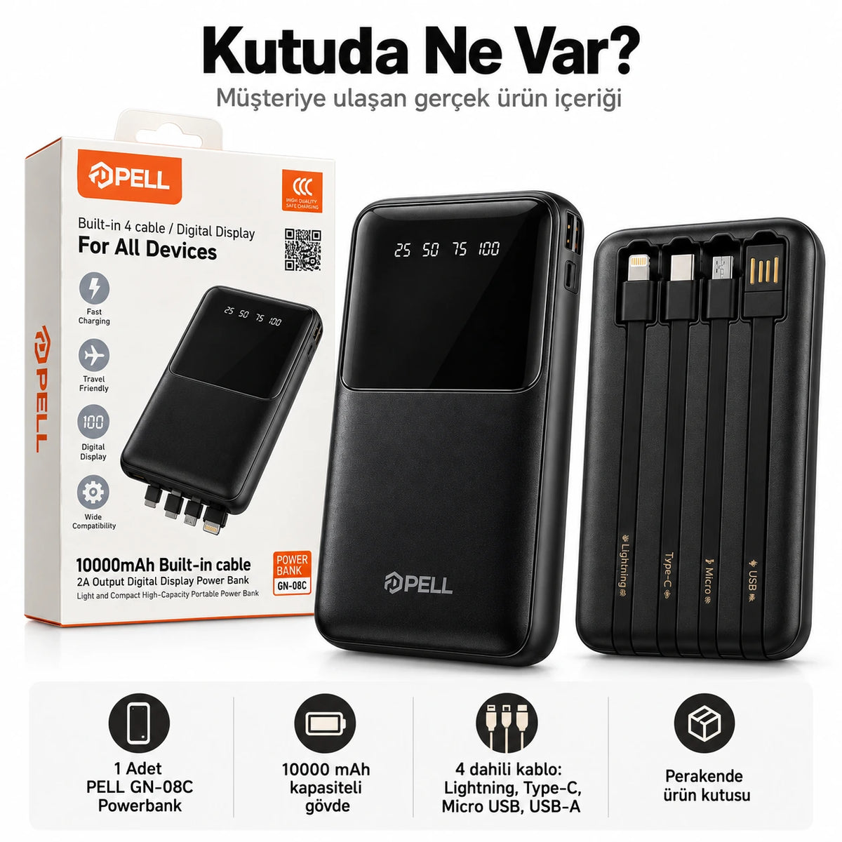 PELL GN-08C 10000 mAh Kendinden 4 Kablolu Dijital Göstergeli Powerbank, 2A Hızlı Taşınabilir Şarj Cihazı
