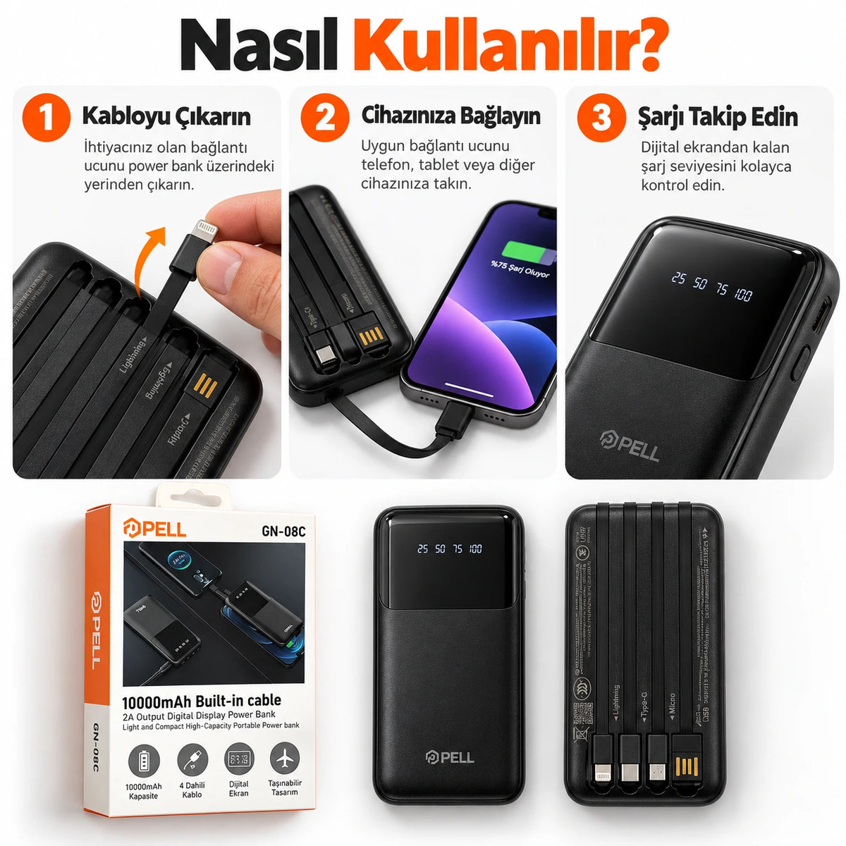 PELL GN-08C 10000 mAh Kendinden 4 Kablolu Dijital Göstergeli Powerbank, 2A Hızlı Taşınabilir Şarj Cihazı