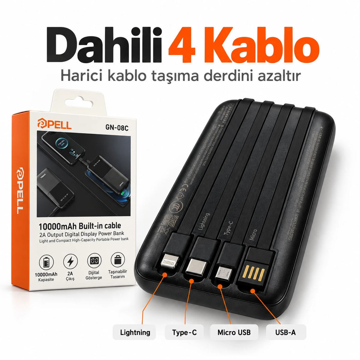 PELL GN-08C 10000 mAh Kendinden 4 Kablolu Dijital Göstergeli Powerbank, 2A Hızlı Taşınabilir Şarj Cihazı