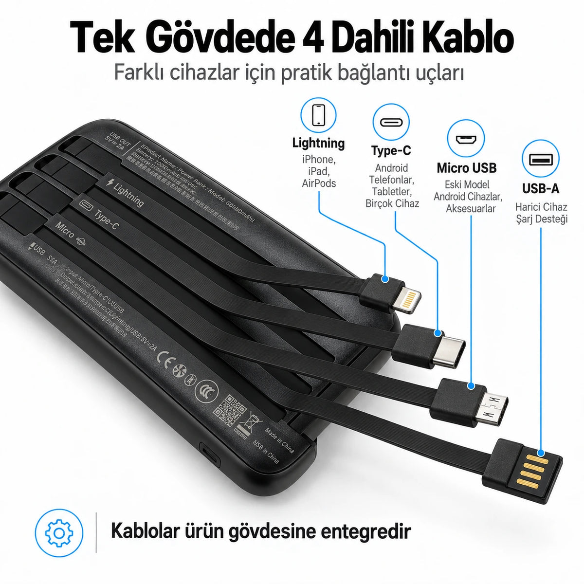 PELL GN-08C 10000 mAh Kendinden 4 Kablolu Dijital Göstergeli Powerbank, 2A Hızlı Taşınabilir Şarj Cihazı