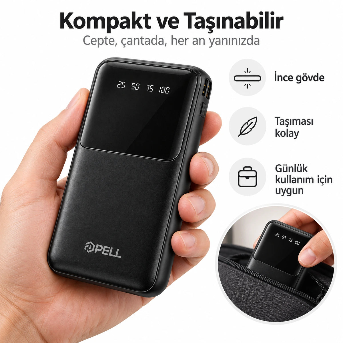 PELL GN-08C 10000 mAh Kendinden 4 Kablolu Dijital Göstergeli Powerbank, 2A Hızlı Taşınabilir Şarj Cihazı