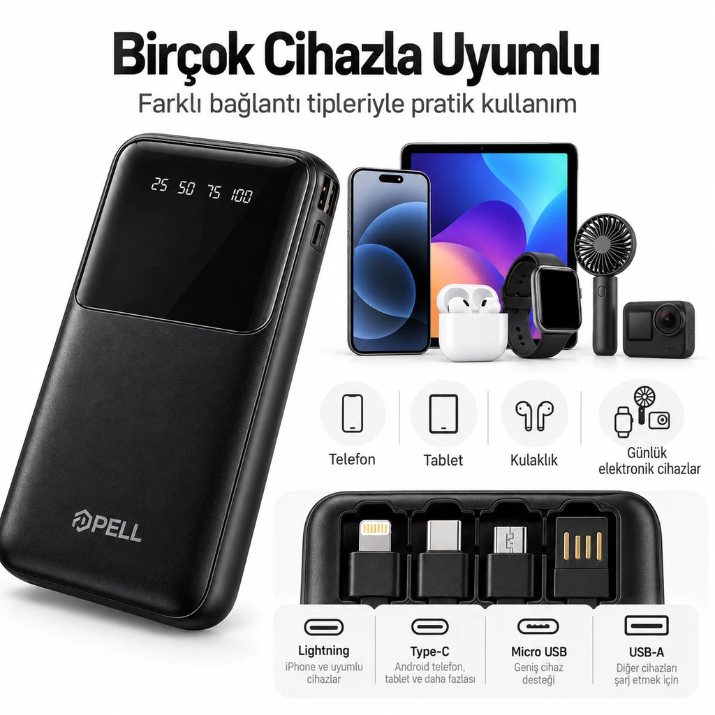 PELL GN-08C 10000 mAh Kendinden 4 Kablolu Dijital Göstergeli Powerbank, 2A Hızlı Taşınabilir Şarj Cihazı