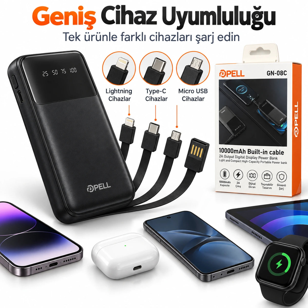 PELL GN-08C 10000 mAh Kendinden 4 Kablolu Dijital Göstergeli Powerbank, 2A Hızlı Taşınabilir Şarj Cihazı