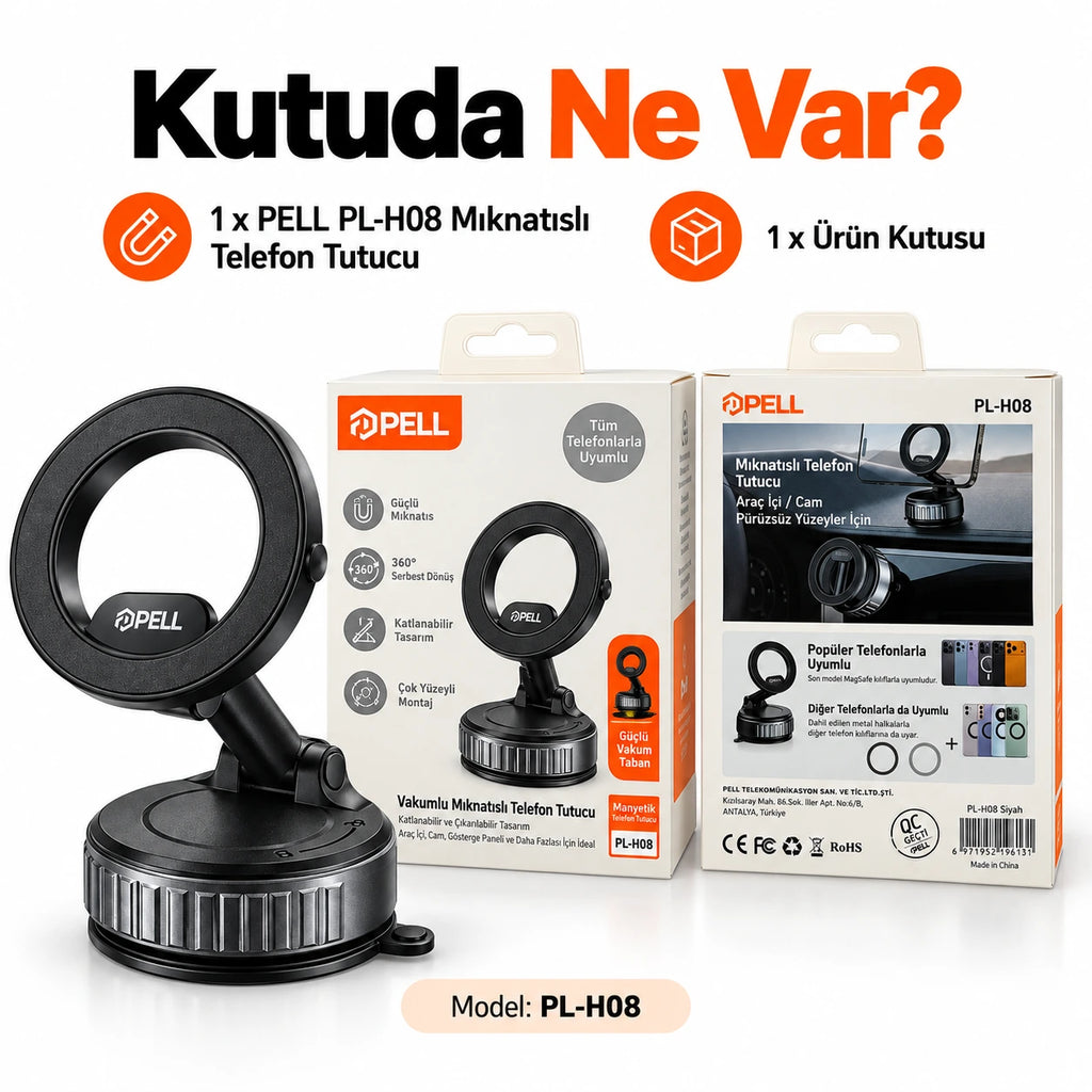 PELL H8 Mekanik Vakumlu Manyetik Araç İçi Telefon Tutucu, 360° Dönebilen Alüminyum Tutacak