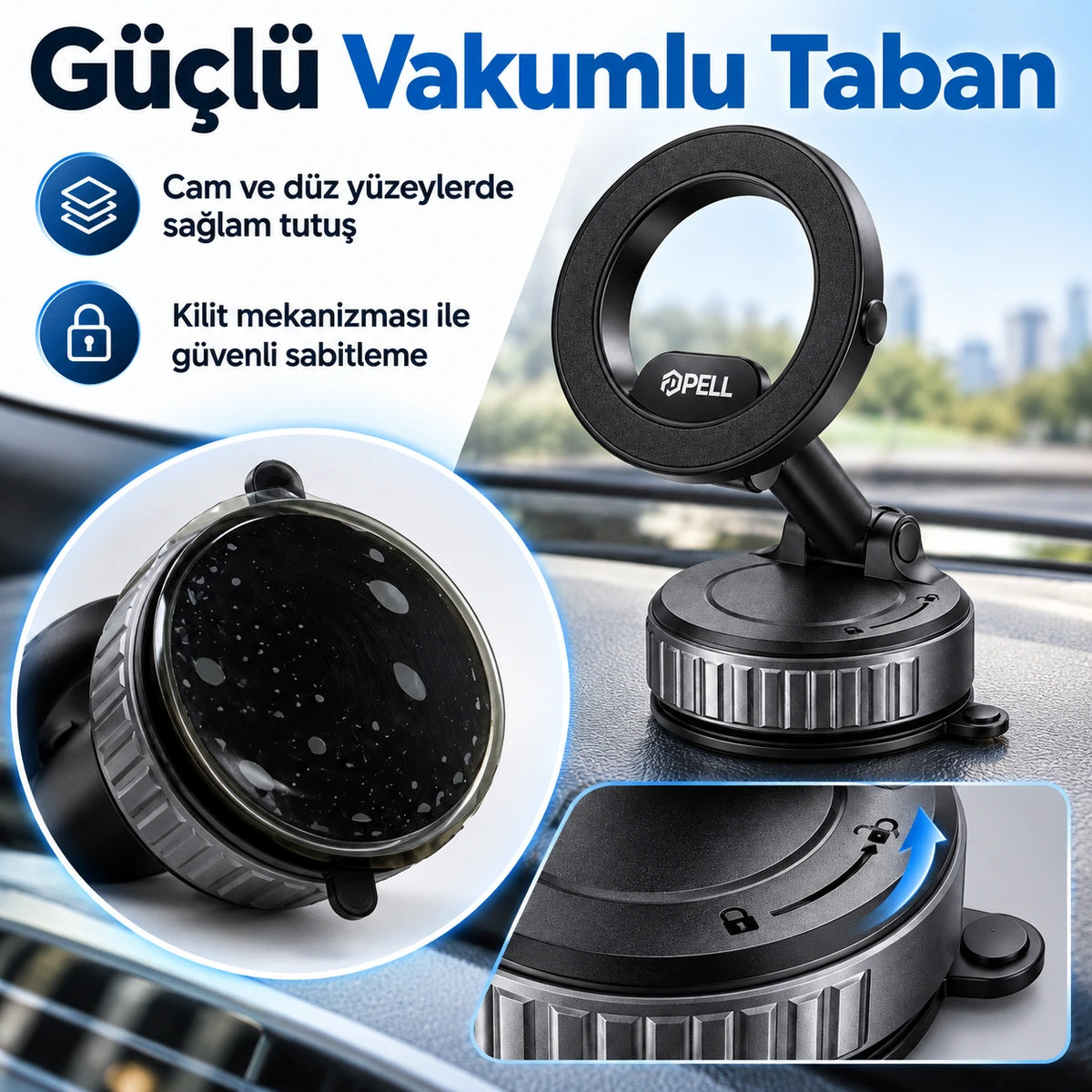 PELL H8 Mekanik Vakumlu Manyetik Araç İçi Telefon Tutucu, 360° Dönebilen Alüminyum Tutacak