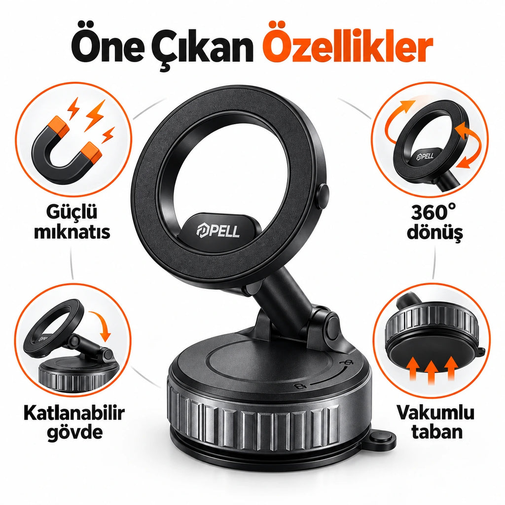 PELL H8 Mekanik Vakumlu Manyetik Araç İçi Telefon Tutucu, 360° Dönebilen Alüminyum Tutacak