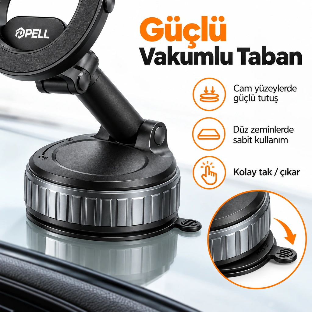 PELL H8 Mekanik Vakumlu Manyetik Araç İçi Telefon Tutucu, 360° Dönebilen Alüminyum Tutacak