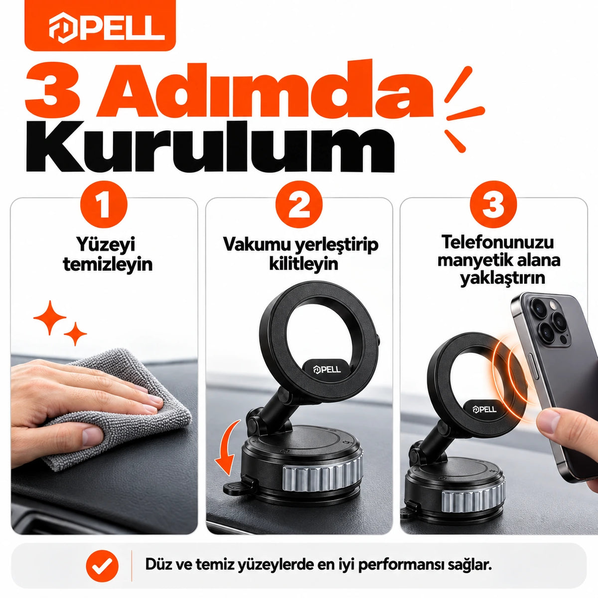 PELL H8 Mekanik Vakumlu Manyetik Araç İçi Telefon Tutucu, 360° Dönebilen Alüminyum Tutacak
